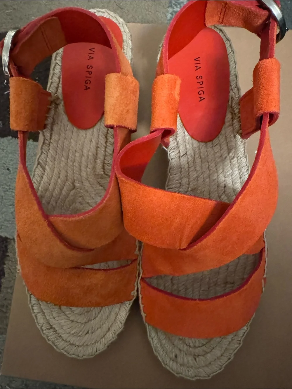 Via Spiga Orange Suede Espadrille Sandals with Red Insole Accents